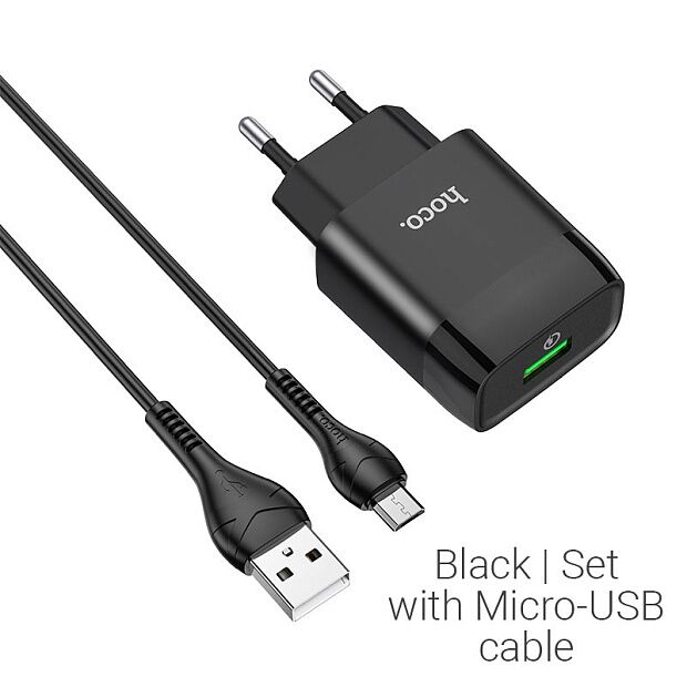 СЗУ HOCO C72Q Glorious 1xUSB, 3А, 18W, QC3.0  USB кабель MicroUSB, 1м (черный) - 1
